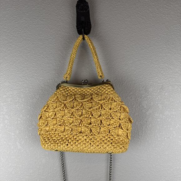Patricia Nash Laureana Frame Satchel Yellow Woven Scallop Raffia Straw Crossbody - Picture 7 of 11